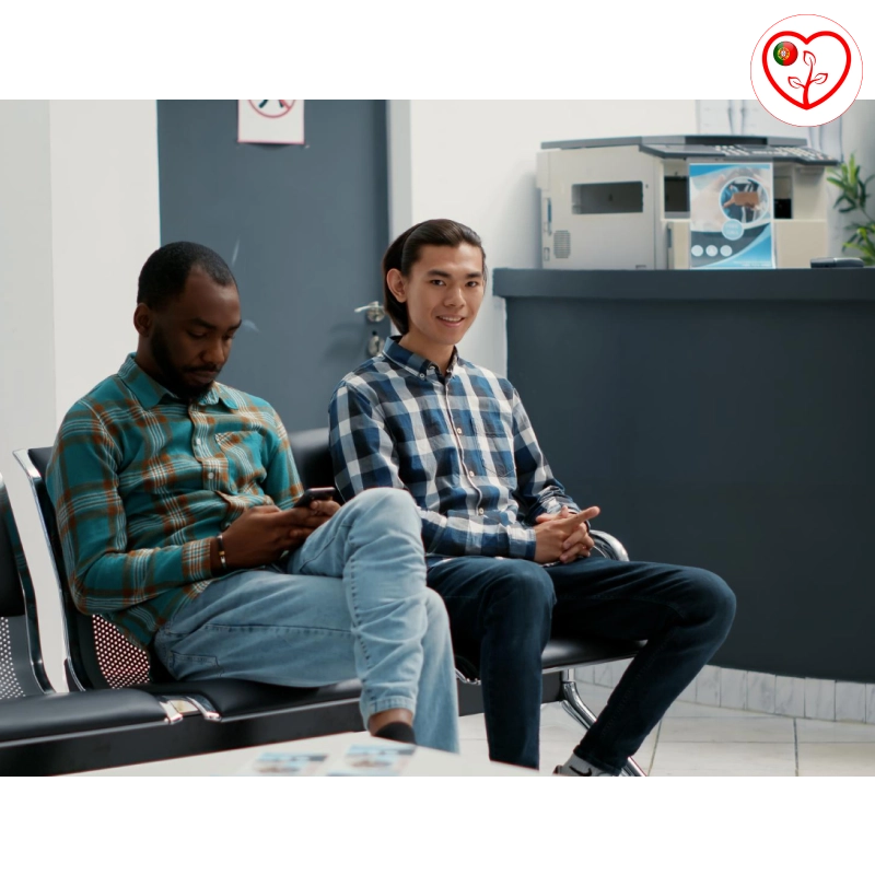 Homens esperando atendimento médico no hospital.